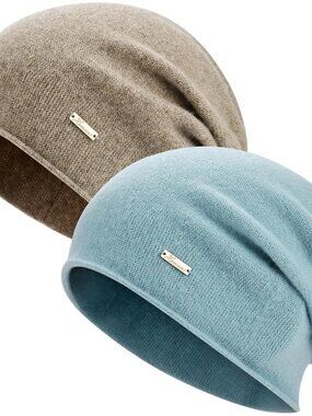 Unisex Brown & Blue 100% Wool Warm Knit Pull-On Winter Slouchy Skull Beanie Cap